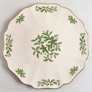 Lenox Holiday Plate with Green and Red Holly Design and gold rim